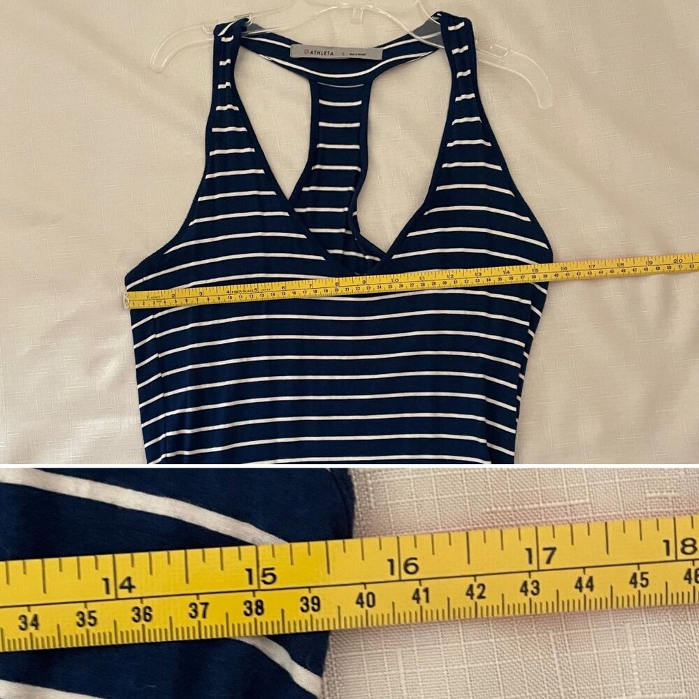 Athleta Striped Racerback Dress Size Small Navy Blue White Ruched Stretch Knit - Picture 8 of 12